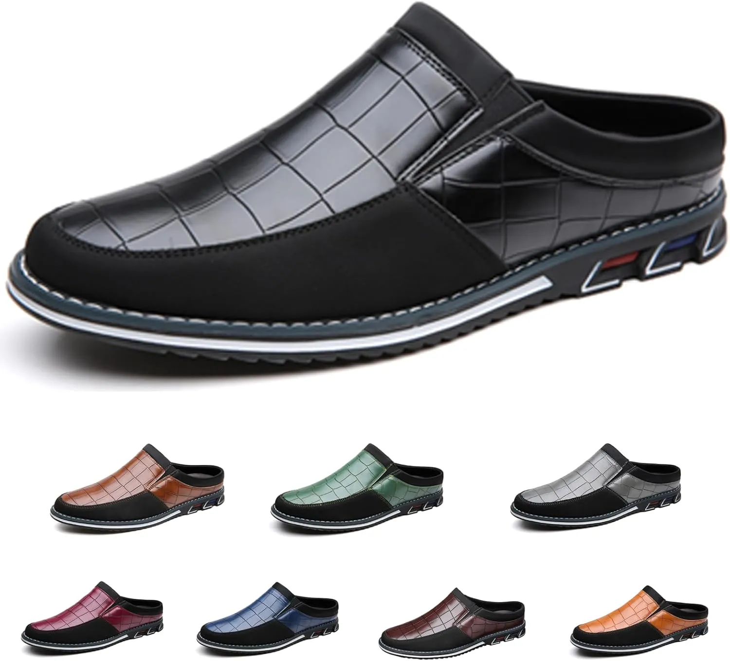 Men's Leather Printed Soft Sole Formal Mules Casual Comfortable Round Toe Flat Non-Slip Backless Lightweight Driving Loafers Business Work Mules
