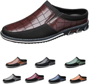 Men's Leather Printed Soft Sole Formal Mules Casual Comfortable Round Toe Flat Non-Slip Backless Lightweight Driving Loafers Business Work Mules