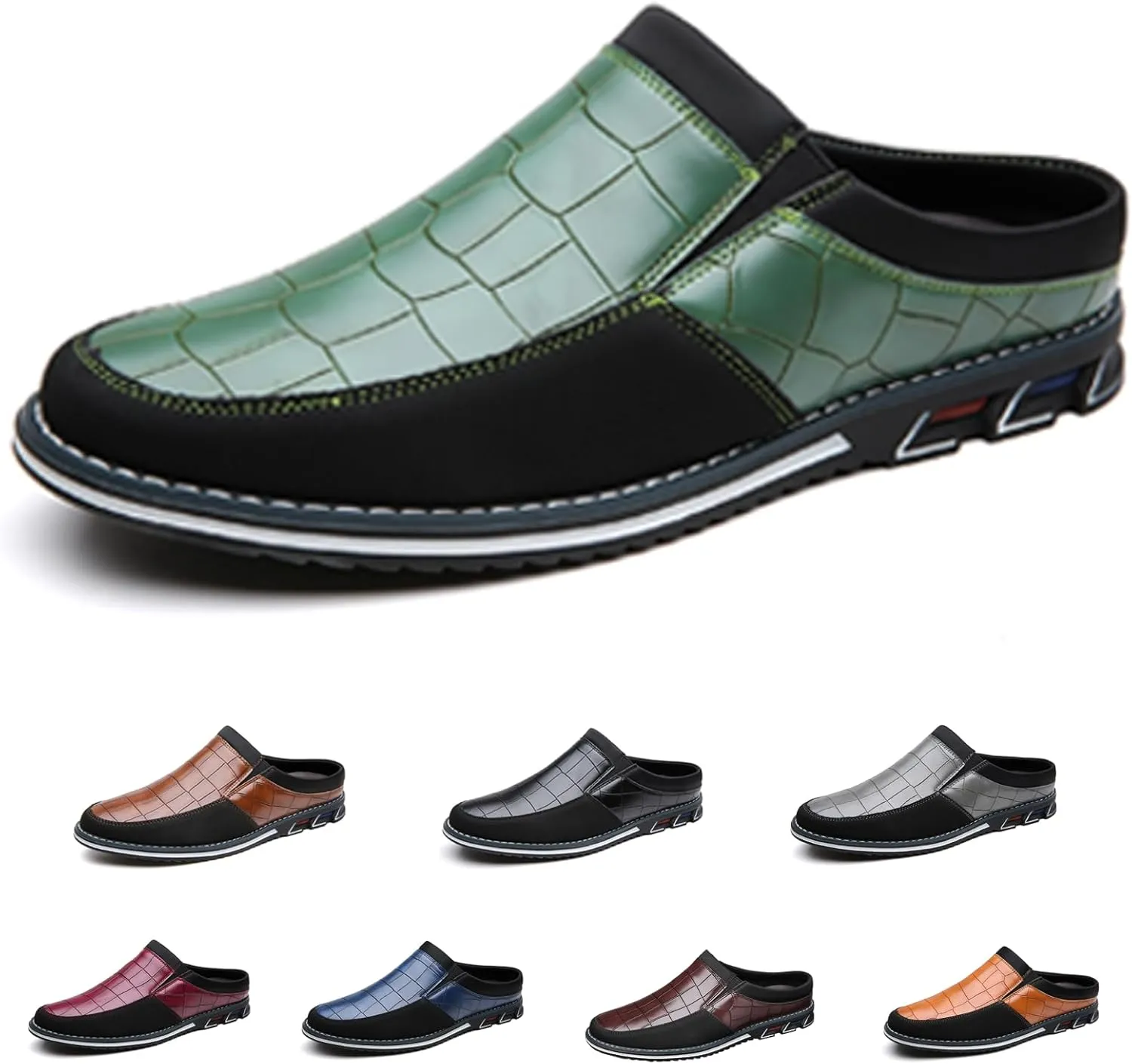 Men's Leather Printed Soft Sole Formal Mules Casual Comfortable Round Toe Flat Non-Slip Backless Lightweight Driving Loafers Business Work Mules