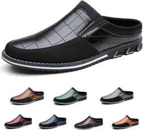 Men's Leather Printed Soft Sole Formal Mules Casual Comfortable Round Toe Flat Non-Slip Backless Lightweight Driving Loafers Business Work Mules