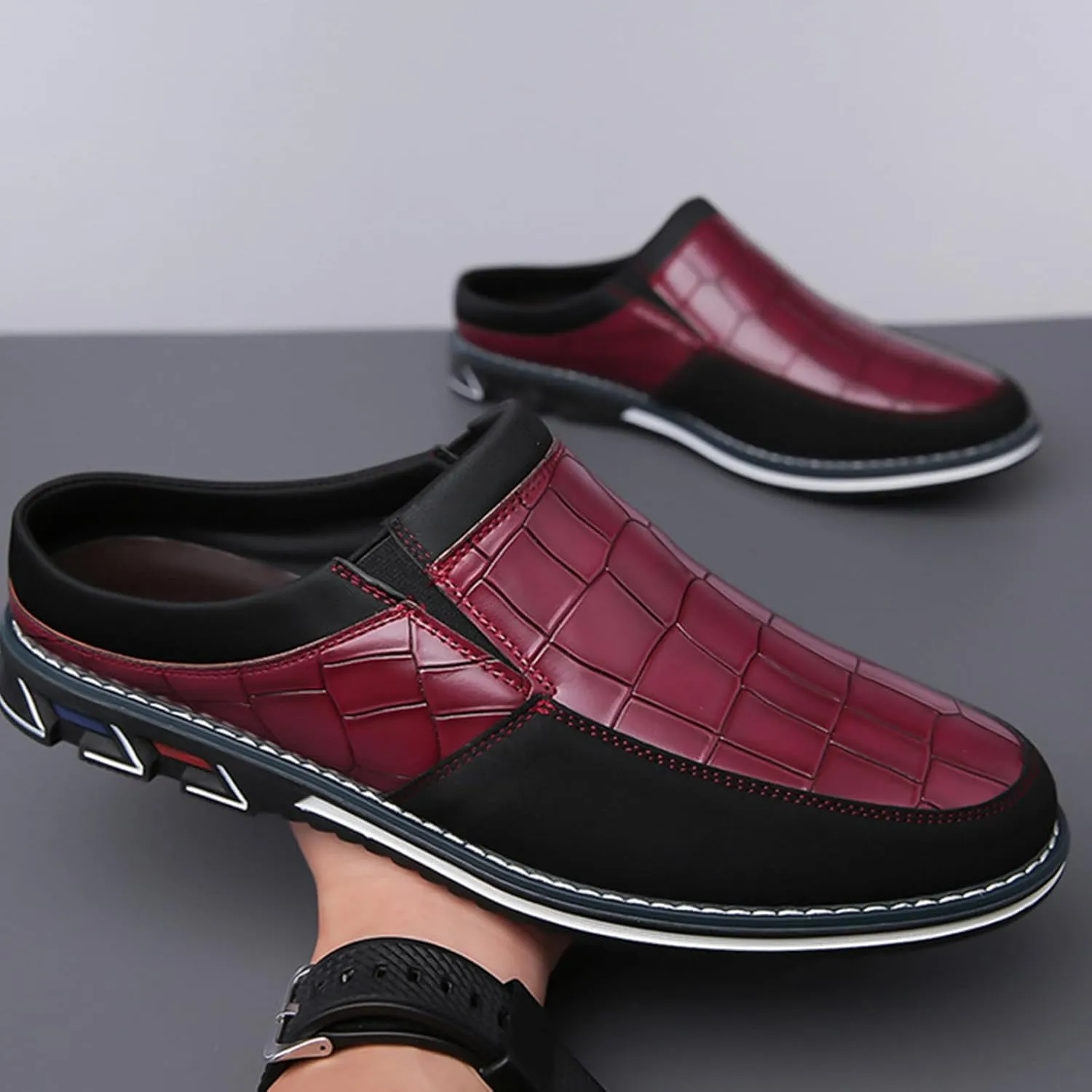 Men's Leather Printed Soft Sole Formal Mules Casual Comfortable Round Toe Flat Non-Slip Backless Lightweight Driving Loafers Business Work Mules
