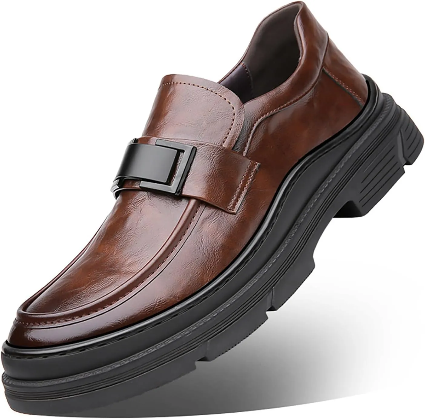Men's Leather Round Toe Platform Slip-On Fashion Business Loafers Casual Formal Work Driving Lug Sole Shoes Outdoor Walking Shoe for Men