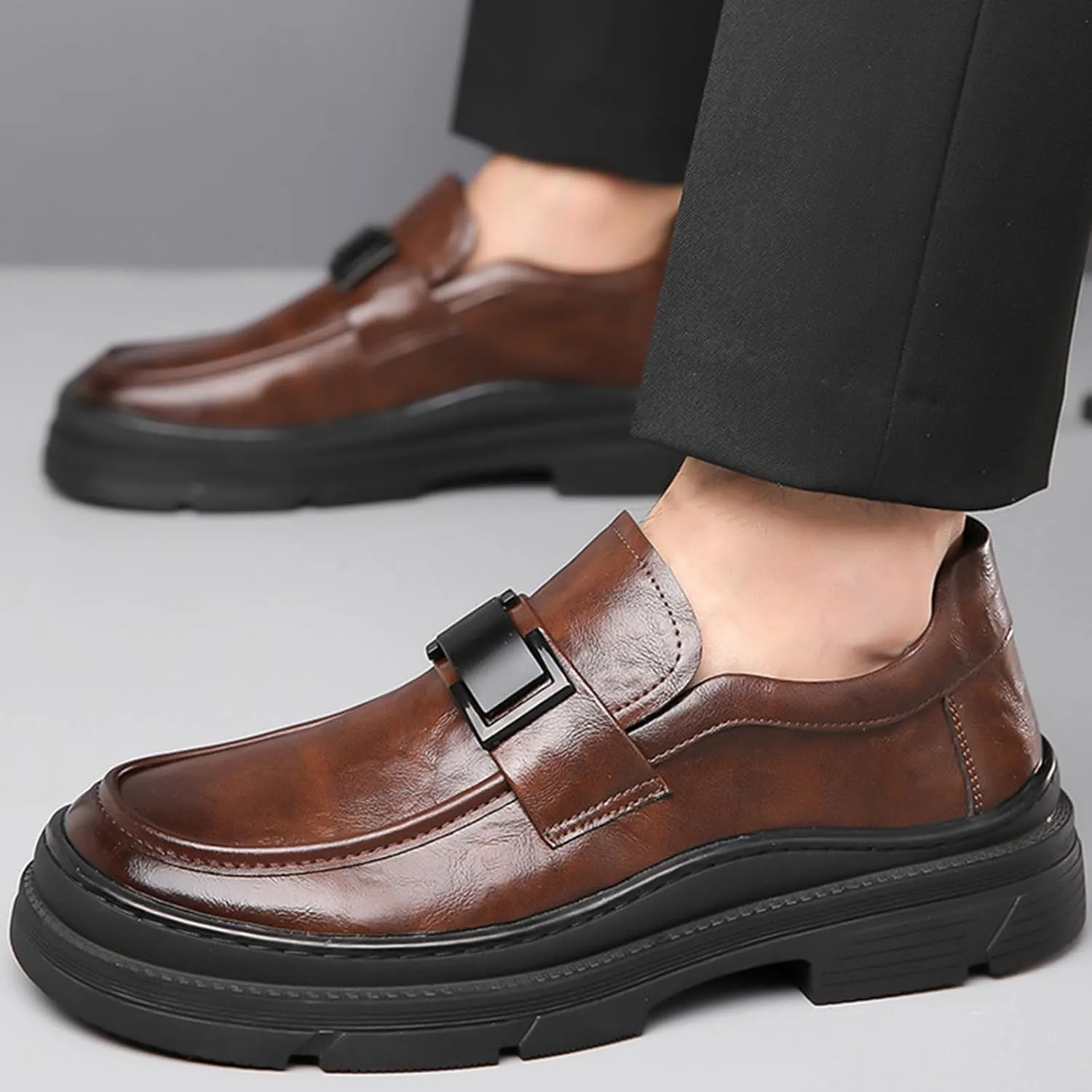 Men's Leather Round Toe Platform Slip-On Fashion Business Loafers Casual Formal Work Driving Lug Sole Shoes Outdoor Walking Shoe for Men