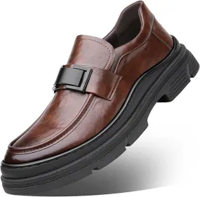 Men's Leather Round Toe Platform Slip-On Fashion Business Loafers Casual Formal Work Driving Lug Sole Shoes Outdoor Walking Shoe for Men