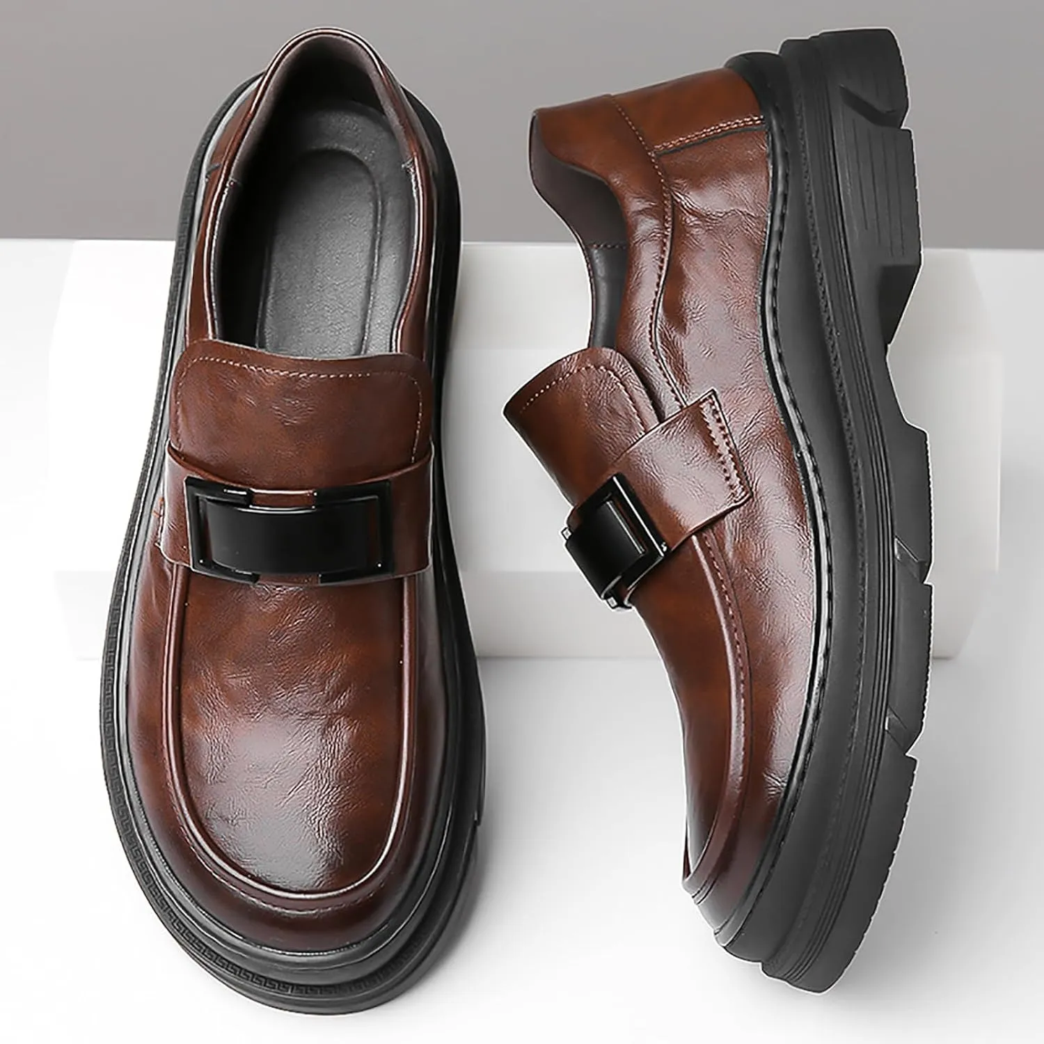 Men's Leather Round Toe Platform Slip-On Fashion Business Loafers Casual Formal Work Driving Lug Sole Shoes Outdoor Walking Shoe for Men