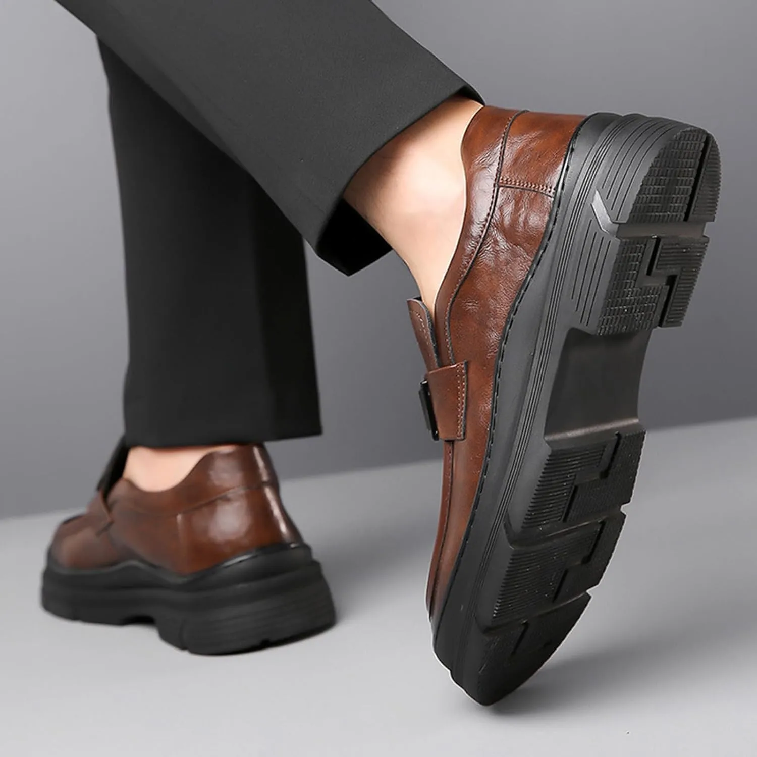 Men's Leather Round Toe Platform Slip-On Fashion Business Loafers Casual Formal Work Driving Lug Sole Shoes Outdoor Walking Shoe for Men