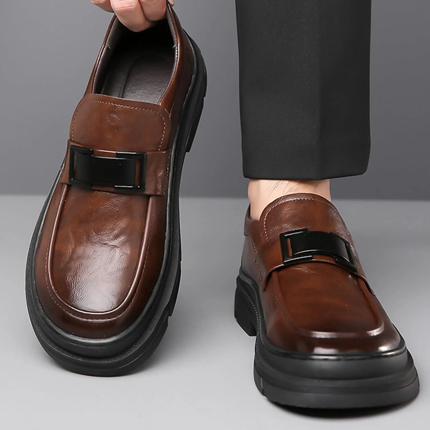 Men's Leather Round Toe Platform Slip-On Fashion Business Loafers Casual Formal Work Driving Lug Sole Shoes Outdoor Walking Shoe for Men