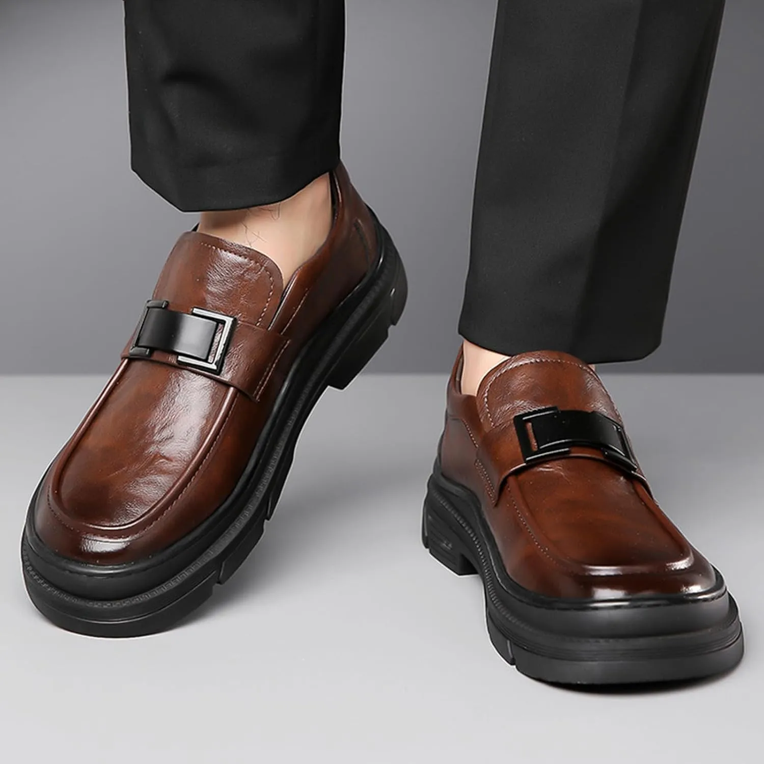 Men's Leather Round Toe Platform Slip-On Fashion Business Loafers Casual Formal Work Driving Lug Sole Shoes Outdoor Walking Shoe for Men