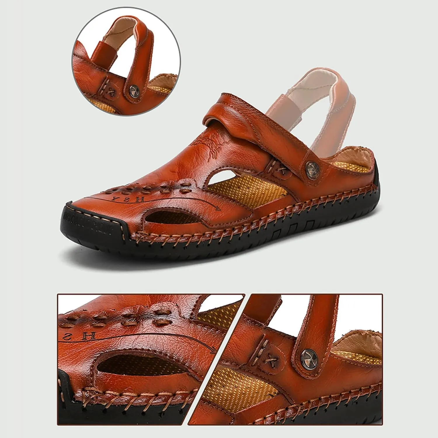 Men's Leather Sandals Breathable Close Toe Slide Casual Adjustable Fisherman Summer Shoes Outdoor Hiking Slip on Sandals for Men with Comfy Sole Lightweight Summer Water Shoes Daily Work Wear