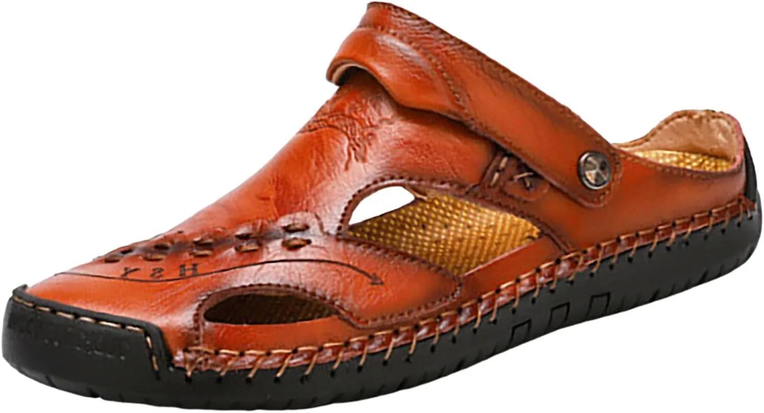 Men's Leather Sandals Breathable Close Toe Slide Casual Adjustable Fisherman Summer Shoes Outdoor Hiking Slip on Sandals for Men with Comfy Sole Lightweight Summer Water Shoes Daily Work Wear