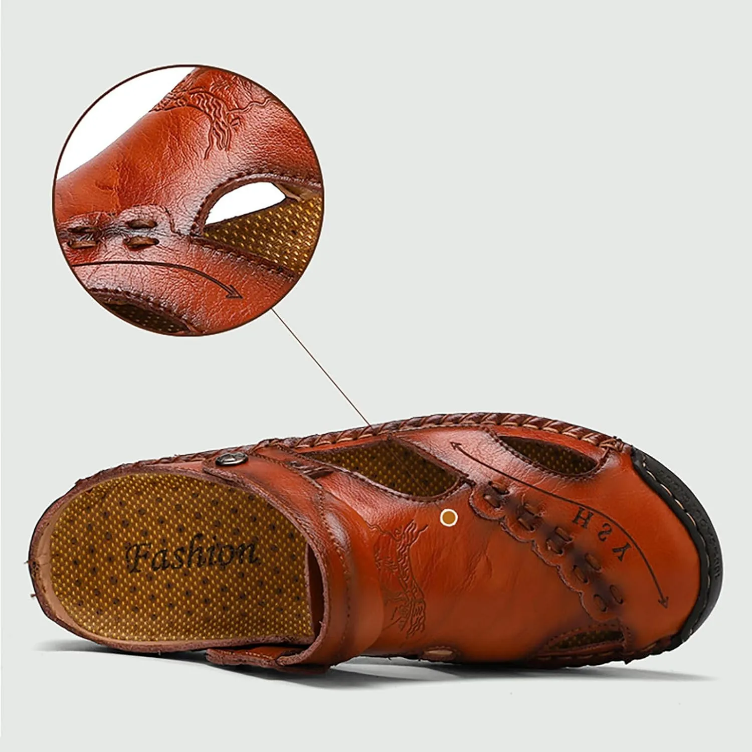 Men's Leather Sandals Breathable Close Toe Slide Casual Adjustable Fisherman Summer Shoes Outdoor Hiking Slip on Sandals for Men with Comfy Sole Lightweight Summer Water Shoes Daily Work Wear