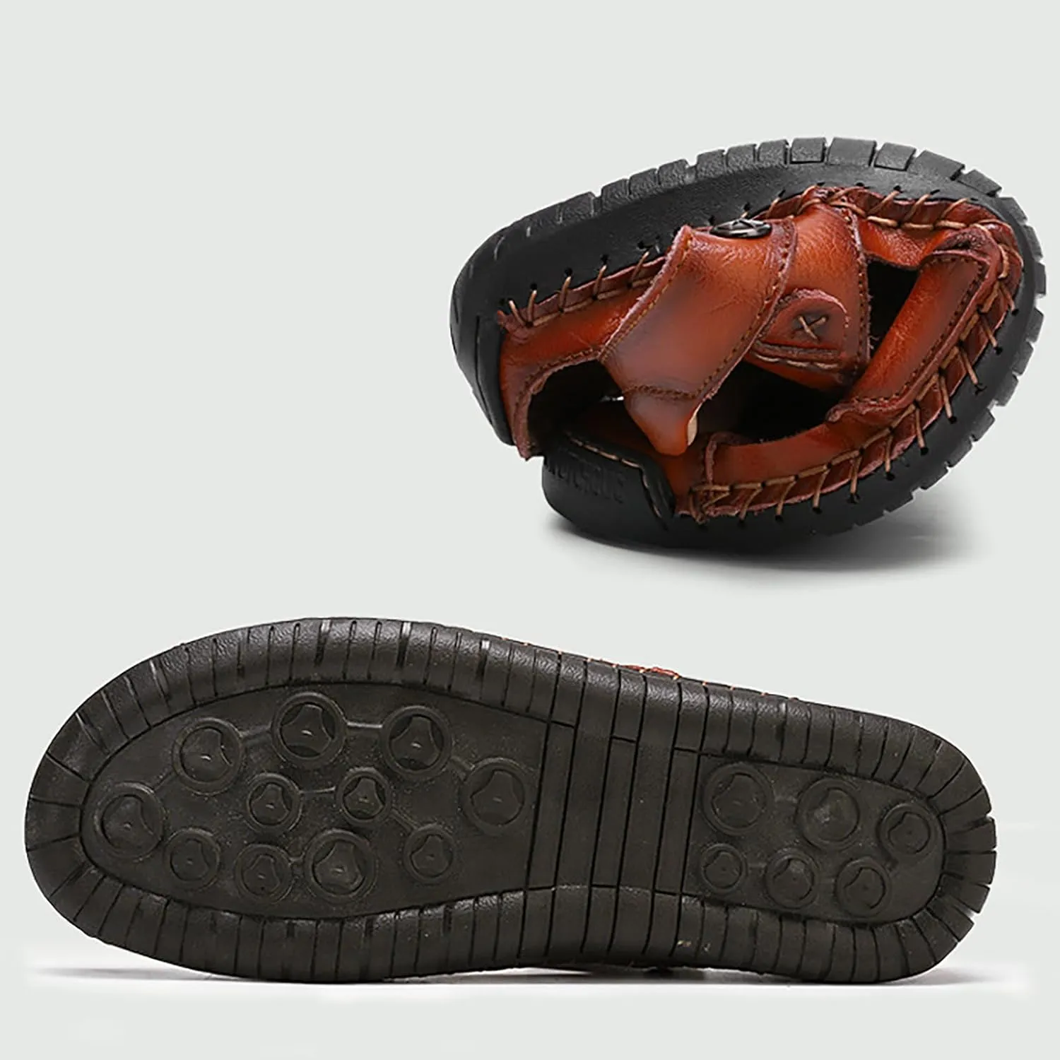 Men's Leather Sandals Breathable Close Toe Slide Casual Adjustable Fisherman Summer Shoes Outdoor Hiking Slip on Sandals for Men with Comfy Sole Lightweight Summer Water Shoes Daily Work Wear