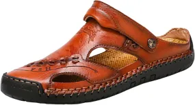 Men's Leather Sandals Breathable Close Toe Slide Casual Adjustable Fisherman Summer Shoes Outdoor Hiking Slip on Sandals for Men with Comfy Sole Lightweight Summer Water Shoes Daily Work Wear