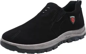 Men's Leather Slip-On Shoes Suede Wide Hiking Shoes Trekking Trails Sneakers Casual Walking Shoes with Arch Support