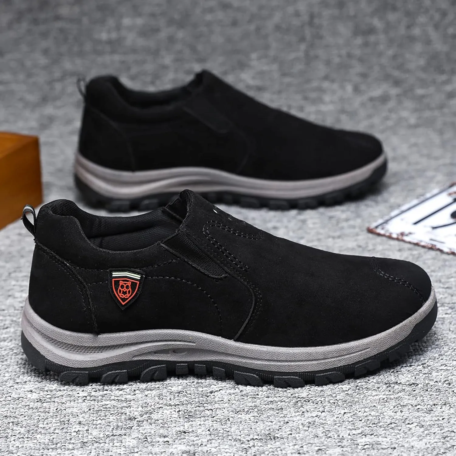 Men's Leather Slip-On Shoes Suede Wide Hiking Shoes Trekking Trails Sneakers Casual Walking Shoes with Arch Support