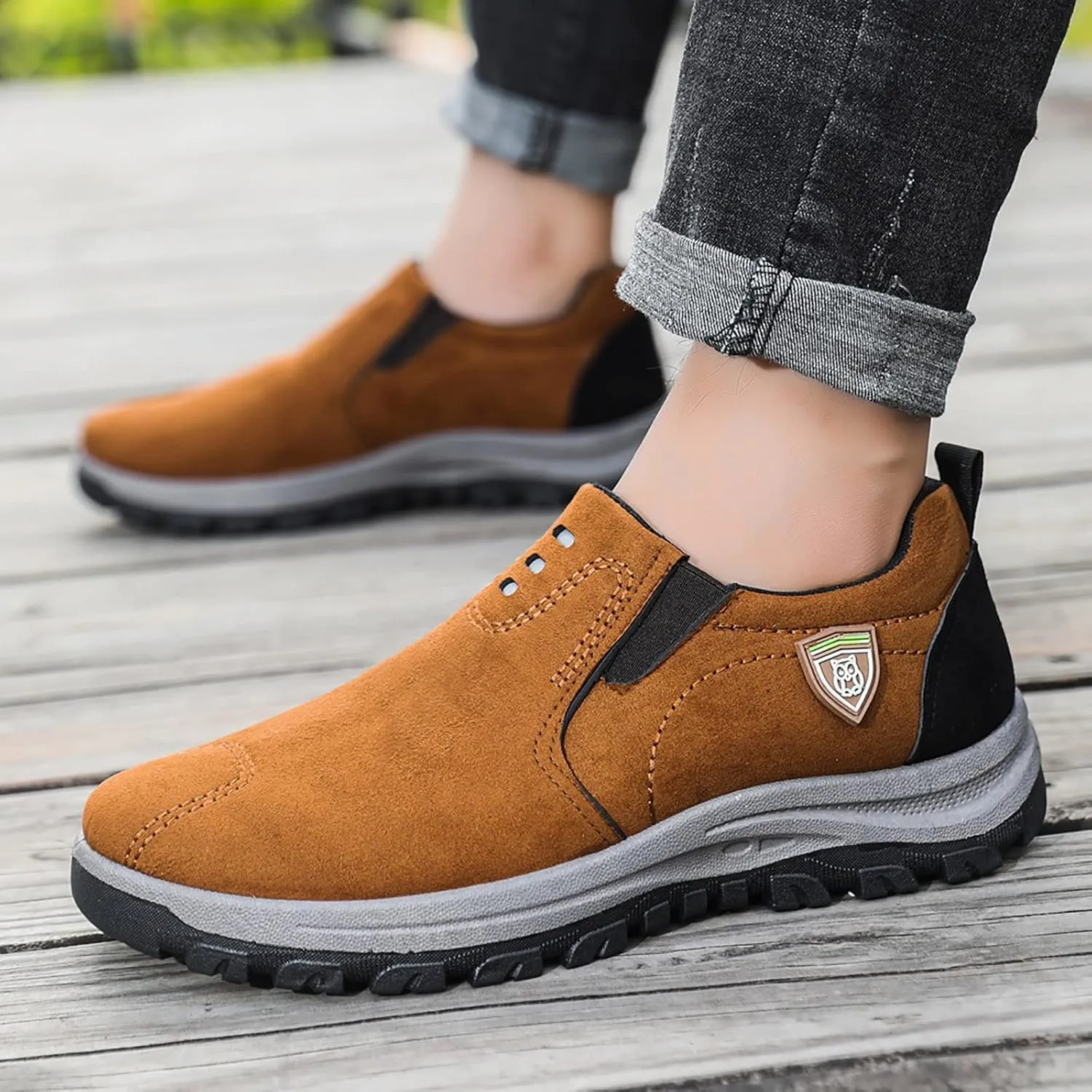 Men's Leather Slip-On Shoes Suede Wide Hiking Shoes Trekking Trails Sneakers Casual Walking Shoes with Arch Support