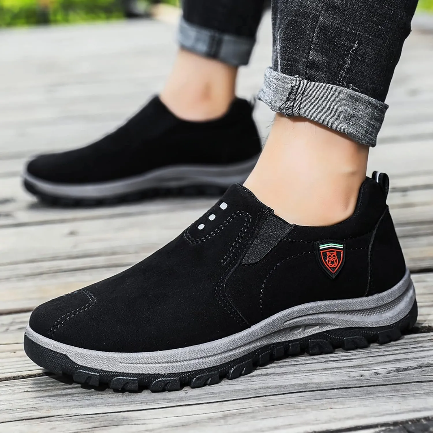 Men's Leather Slip-On Shoes Suede Wide Hiking Shoes Trekking Trails Sneakers Casual Walking Shoes with Arch Support
