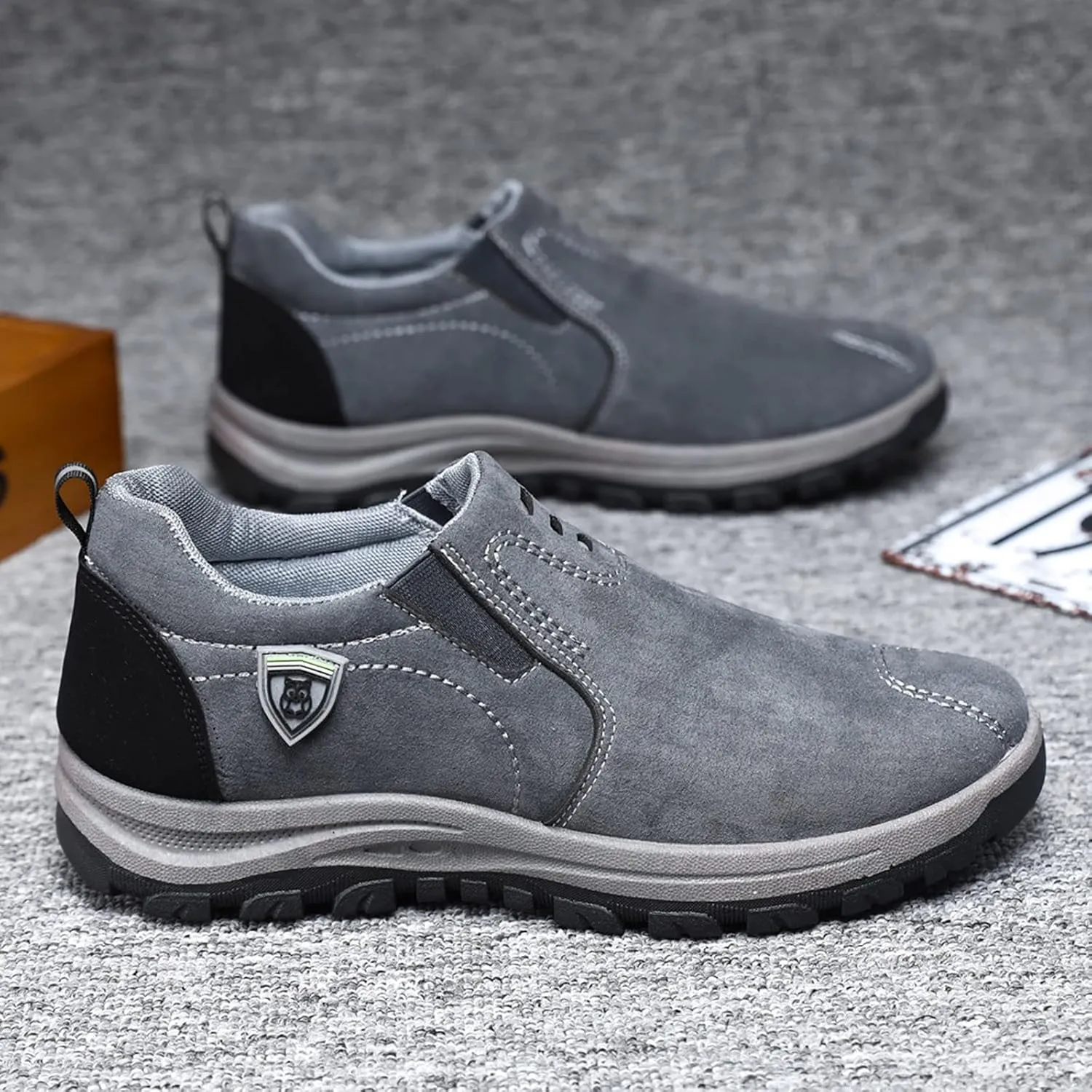 Men's Leather Slip-On Shoes Suede Wide Hiking Shoes Trekking Trails Sneakers Casual Walking Shoes with Arch Support