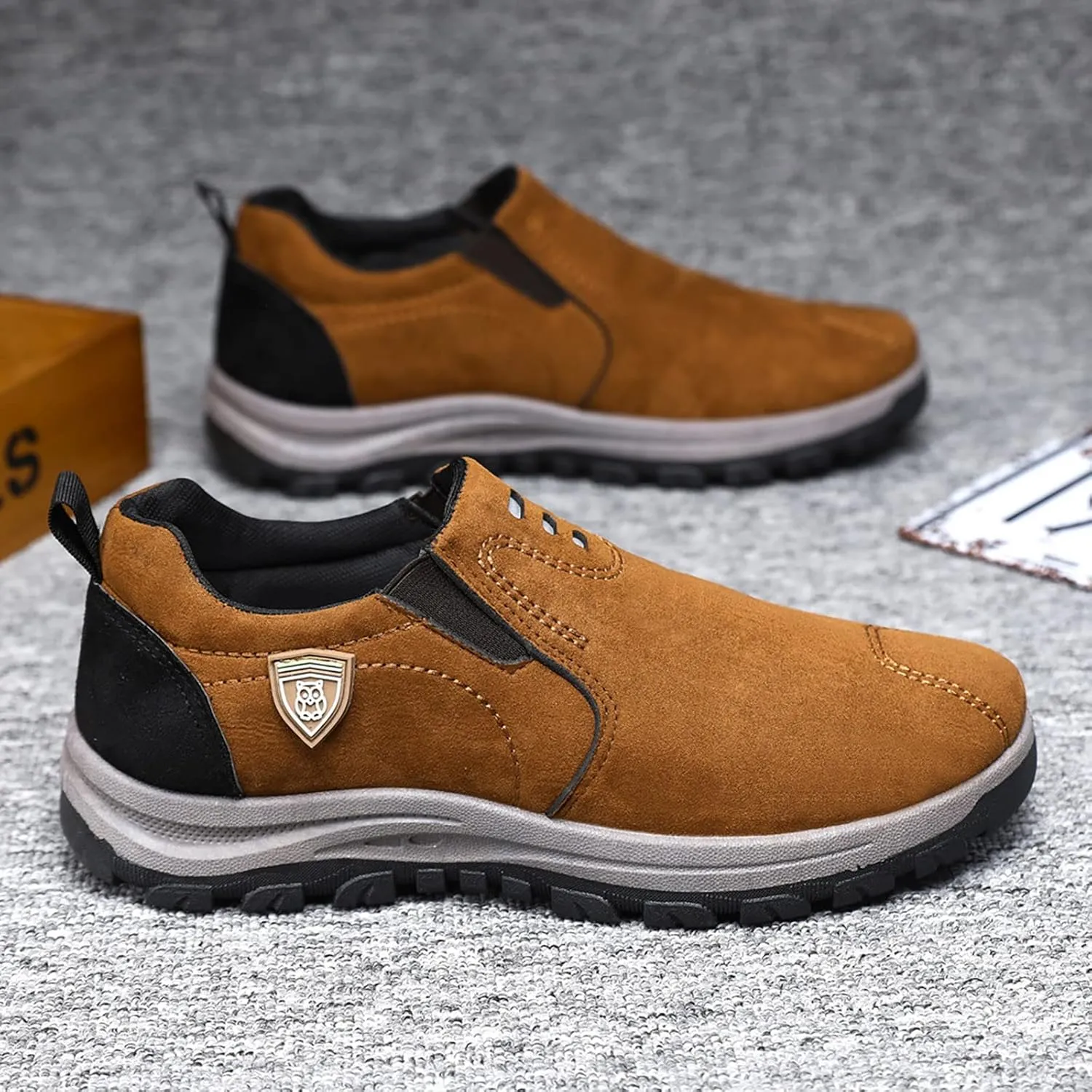 Men's Leather Slip-On Shoes Suede Wide Hiking Shoes Trekking Trails Sneakers Casual Walking Shoes with Arch Support