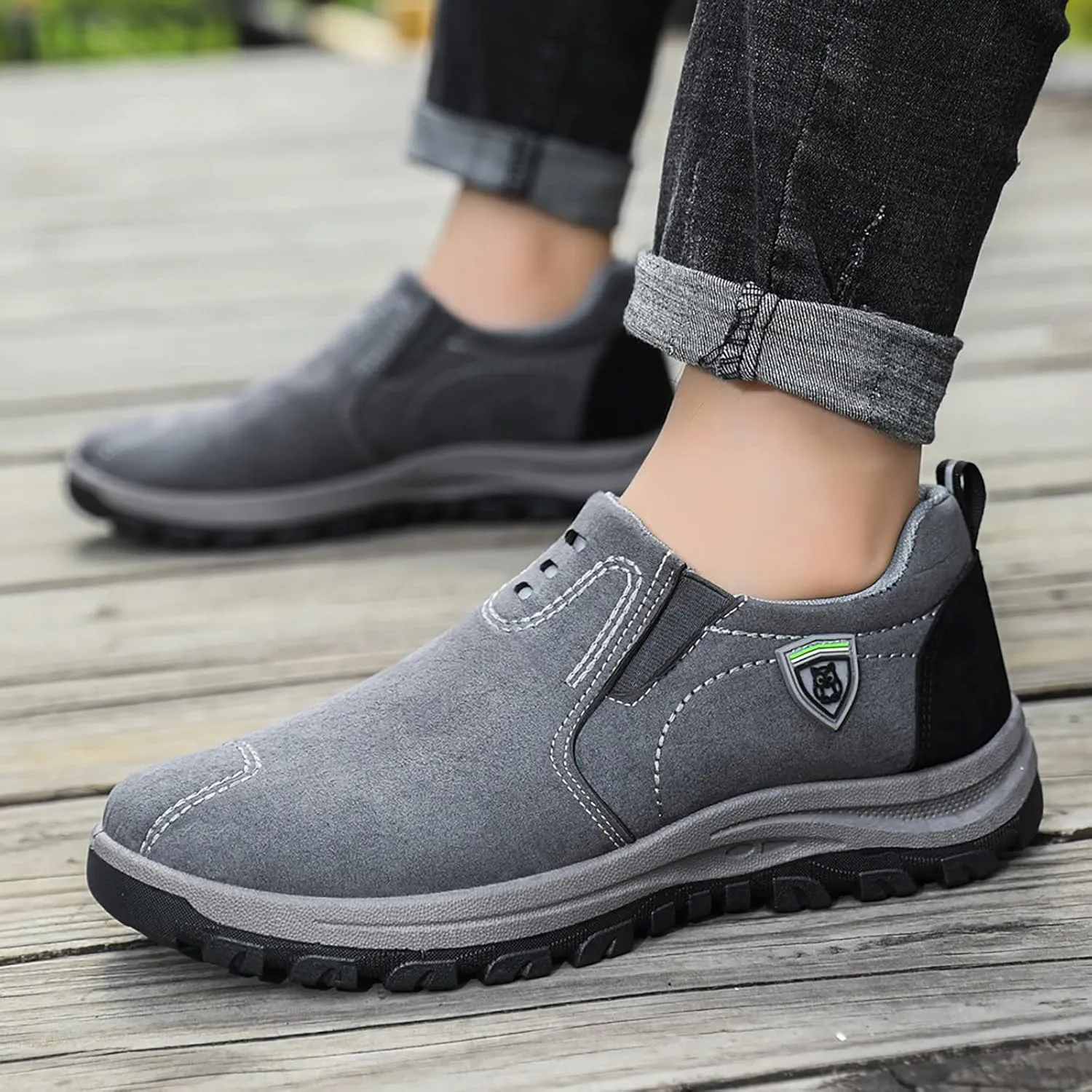 Men's Leather Slip-On Shoes Suede Wide Hiking Shoes Trekking Trails Sneakers Casual Walking Shoes with Arch Support
