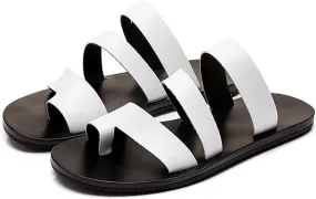 Men's Leather Strappy Toe Loop Flat Sandals,Summer Comfortable Slip-on Non-Slip Beach Flip Flop Outdoor Flat Slippers Fashion Casual Walking Shoes