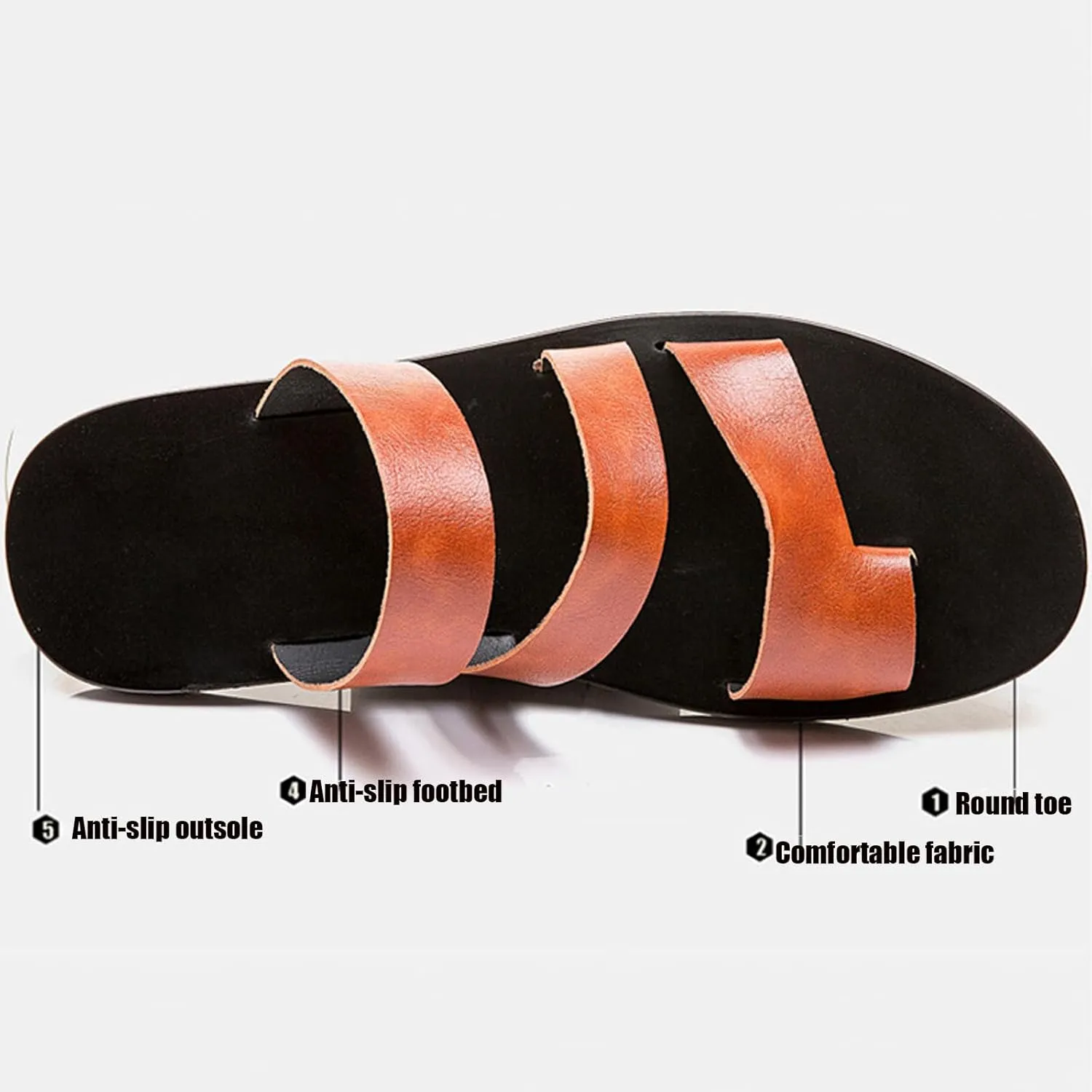 Men's Leather Strappy Toe Loop Flat Sandals,Summer Comfortable Slip-on Non-Slip Beach Flip Flop Outdoor Flat Slippers Fashion Casual Walking Shoes