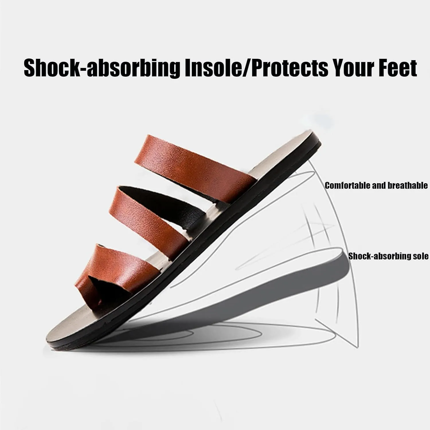 Men's Leather Strappy Toe Loop Flat Sandals,Summer Comfortable Slip-on Non-Slip Beach Flip Flop Outdoor Flat Slippers Fashion Casual Walking Shoes