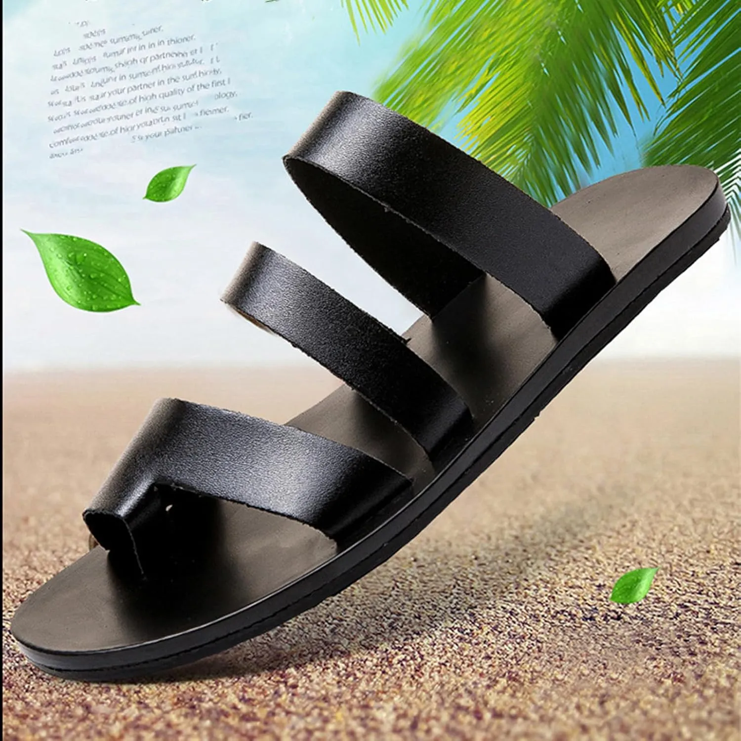 Men's Leather Strappy Toe Loop Flat Sandals,Summer Comfortable Slip-on Non-Slip Beach Flip Flop Outdoor Flat Slippers Fashion Casual Walking Shoes