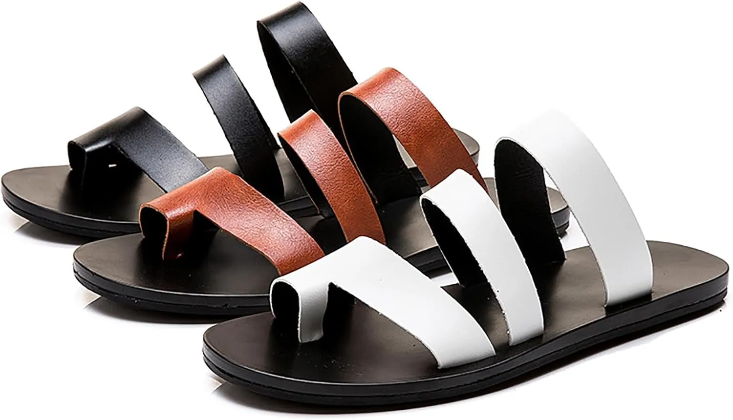 Men's Leather Strappy Toe Loop Flat Sandals,Summer Comfortable Slip-on Non-Slip Beach Flip Flop Outdoor Flat Slippers Fashion Casual Walking Shoes