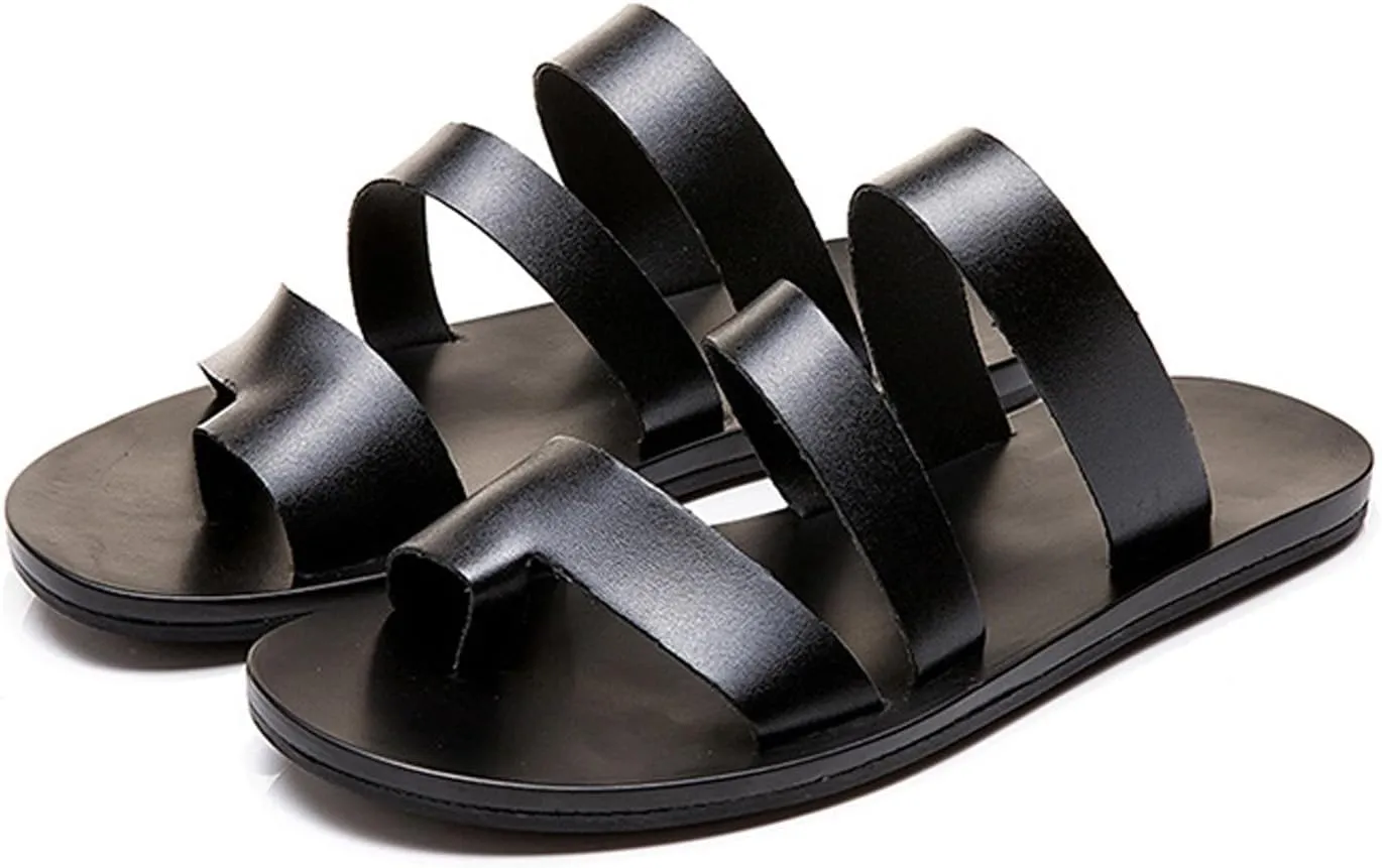 Men's Leather Strappy Toe Loop Flat Sandals,Summer Comfortable Slip-on Non-Slip Beach Flip Flop Outdoor Flat Slippers Fashion Casual Walking Shoes