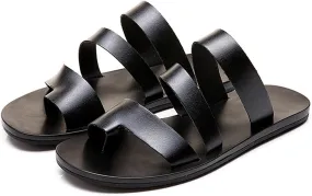 Men's Leather Strappy Toe Loop Flat Sandals,Summer Comfortable Slip-on Non-Slip Beach Flip Flop Outdoor Flat Slippers Fashion Casual Walking Shoes