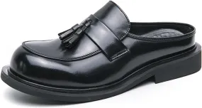 Men's Leather Tassel Chunky Low Heel Dress Mules Retro Fashion Round Wide Toe Comfor Slip On Slingback Platform Casual Loafers Summer Casual Closed Toe Slippers