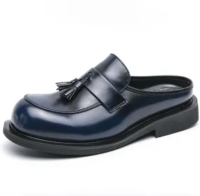Men's Leather Tassel Chunky Low Heel Dress Mules Retro Fashion Round Wide Toe Comfor Slip On Slingback Platform Casual Loafers Summer Casual Closed Toe Slippers