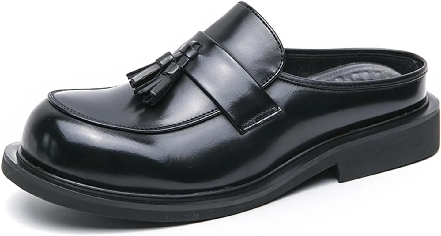 Men's Leather Tassel Chunky Low Heel Dress Mules Retro Fashion Round Wide Toe Comfor Slip On Slingback Platform Casual Loafers Summer Casual Closed Toe Slippers