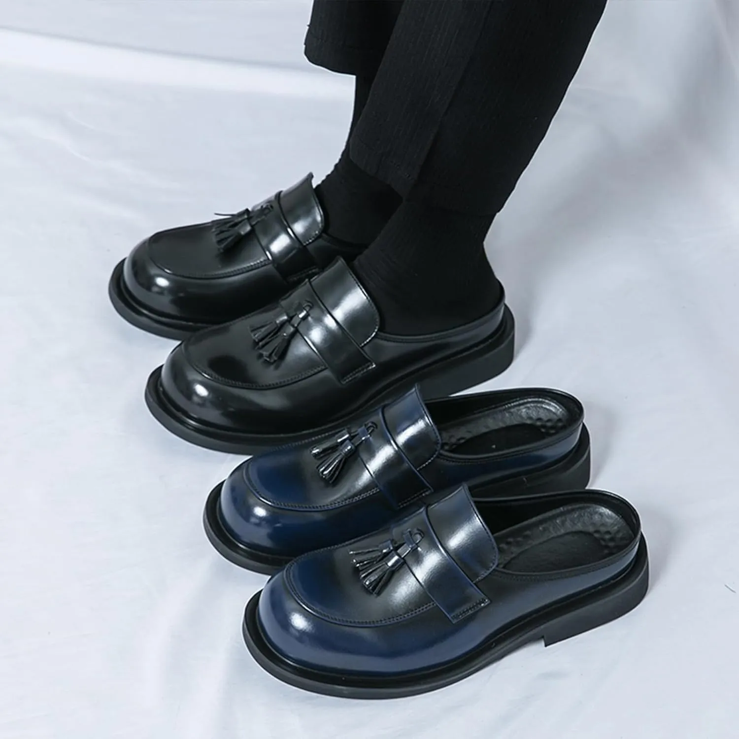 Men's Leather Tassel Chunky Low Heel Dress Mules Retro Fashion Round Wide Toe Comfor Slip On Slingback Platform Casual Loafers Summer Casual Closed Toe Slippers