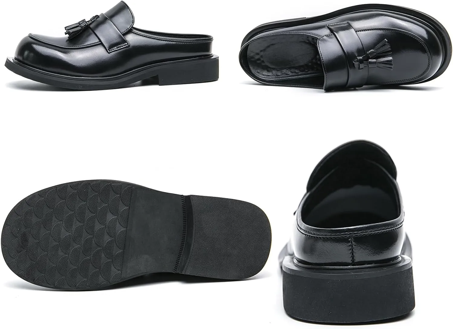 Men's Leather Tassel Chunky Low Heel Dress Mules Retro Fashion Round Wide Toe Comfor Slip On Slingback Platform Casual Loafers Summer Casual Closed Toe Slippers