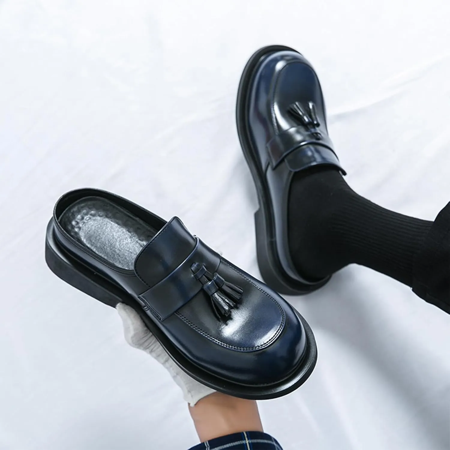 Men's Leather Tassel Chunky Low Heel Dress Mules Retro Fashion Round Wide Toe Comfor Slip On Slingback Platform Casual Loafers Summer Casual Closed Toe Slippers