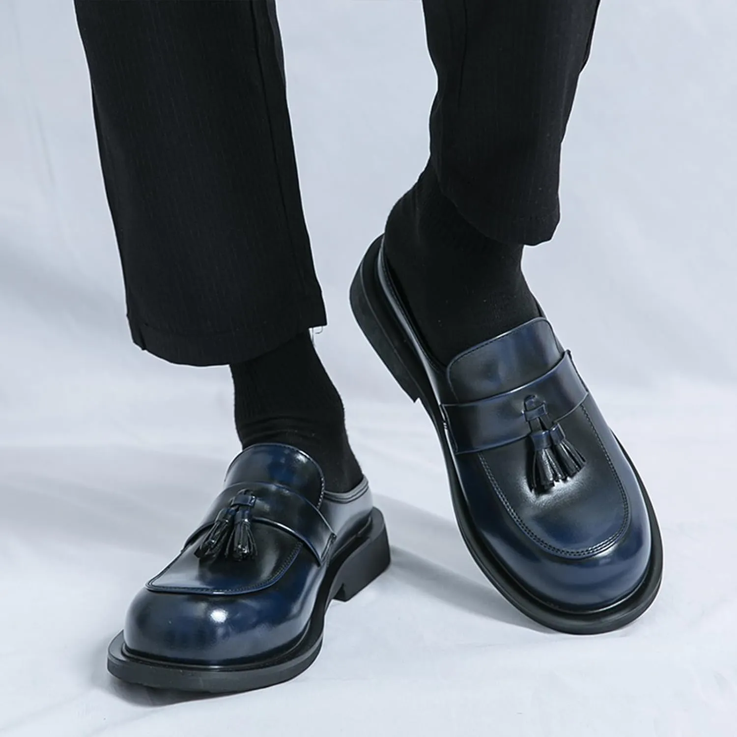 Men's Leather Tassel Chunky Low Heel Dress Mules Retro Fashion Round Wide Toe Comfor Slip On Slingback Platform Casual Loafers Summer Casual Closed Toe Slippers