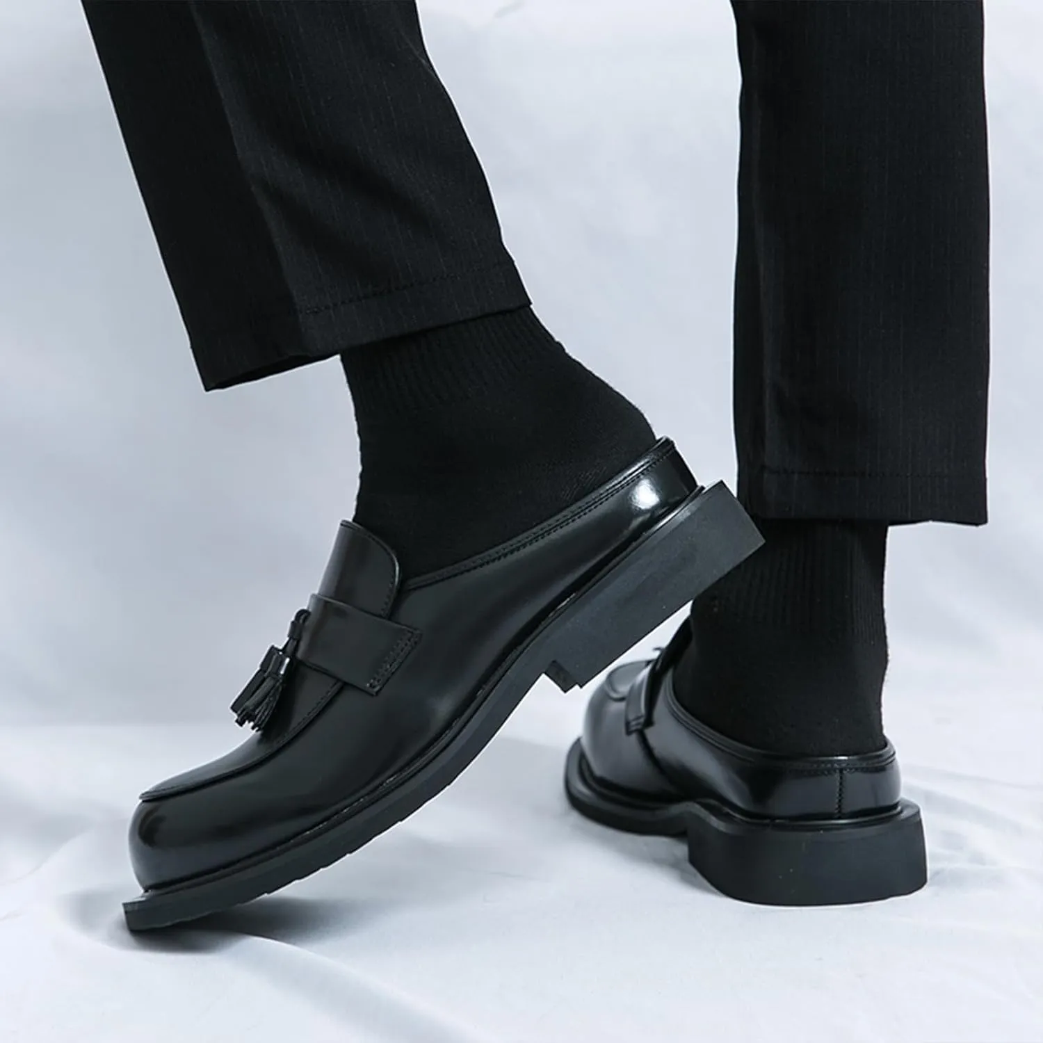 Men's Leather Tassel Chunky Low Heel Dress Mules Retro Fashion Round Wide Toe Comfor Slip On Slingback Platform Casual Loafers Summer Casual Closed Toe Slippers