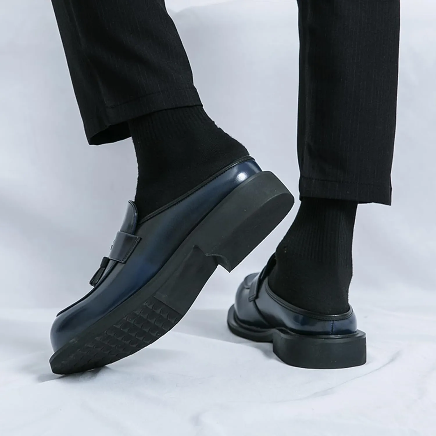 Men's Leather Tassel Chunky Low Heel Dress Mules Retro Fashion Round Wide Toe Comfor Slip On Slingback Platform Casual Loafers Summer Casual Closed Toe Slippers