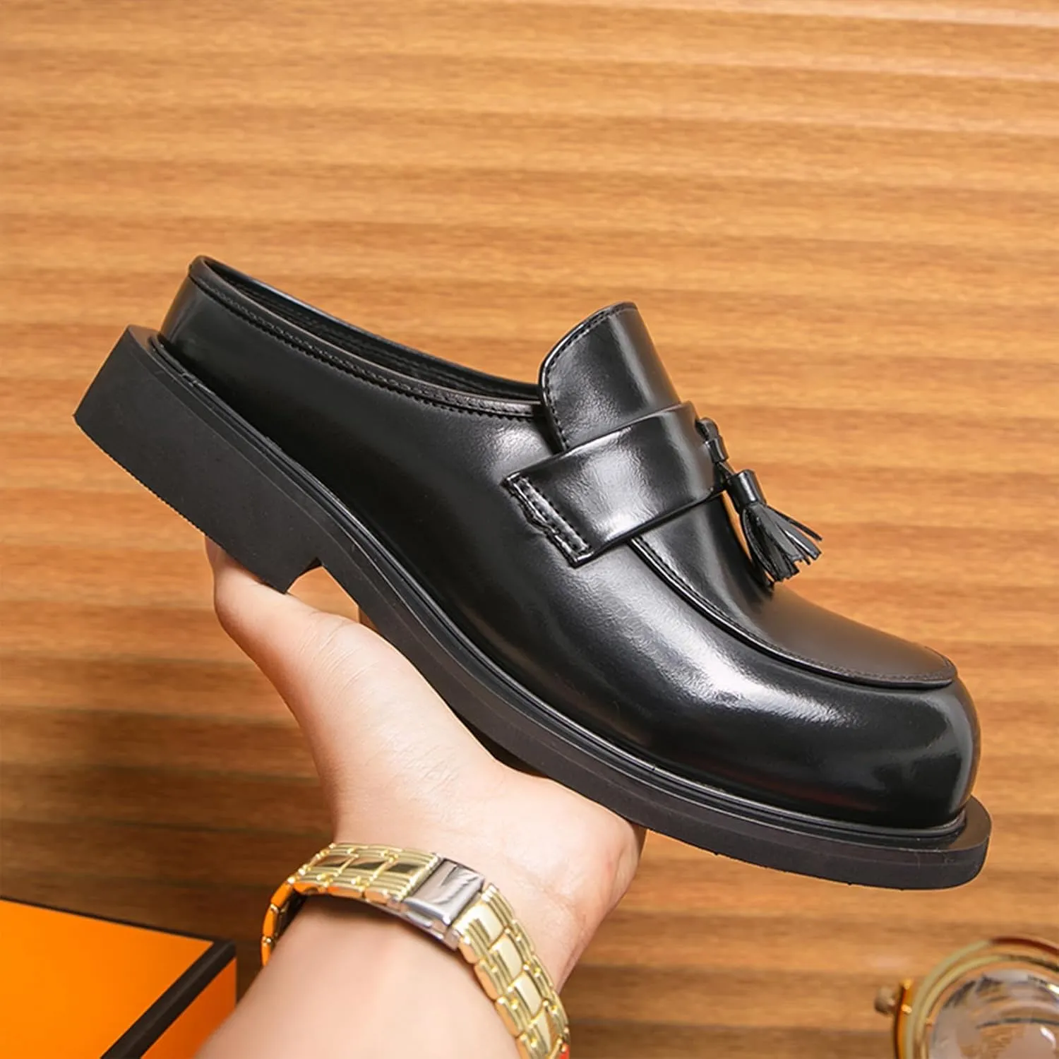 Men's Leather Tassel Chunky Low Heel Dress Mules Retro Fashion Round Wide Toe Comfor Slip On Slingback Platform Casual Loafers Summer Casual Closed Toe Slippers