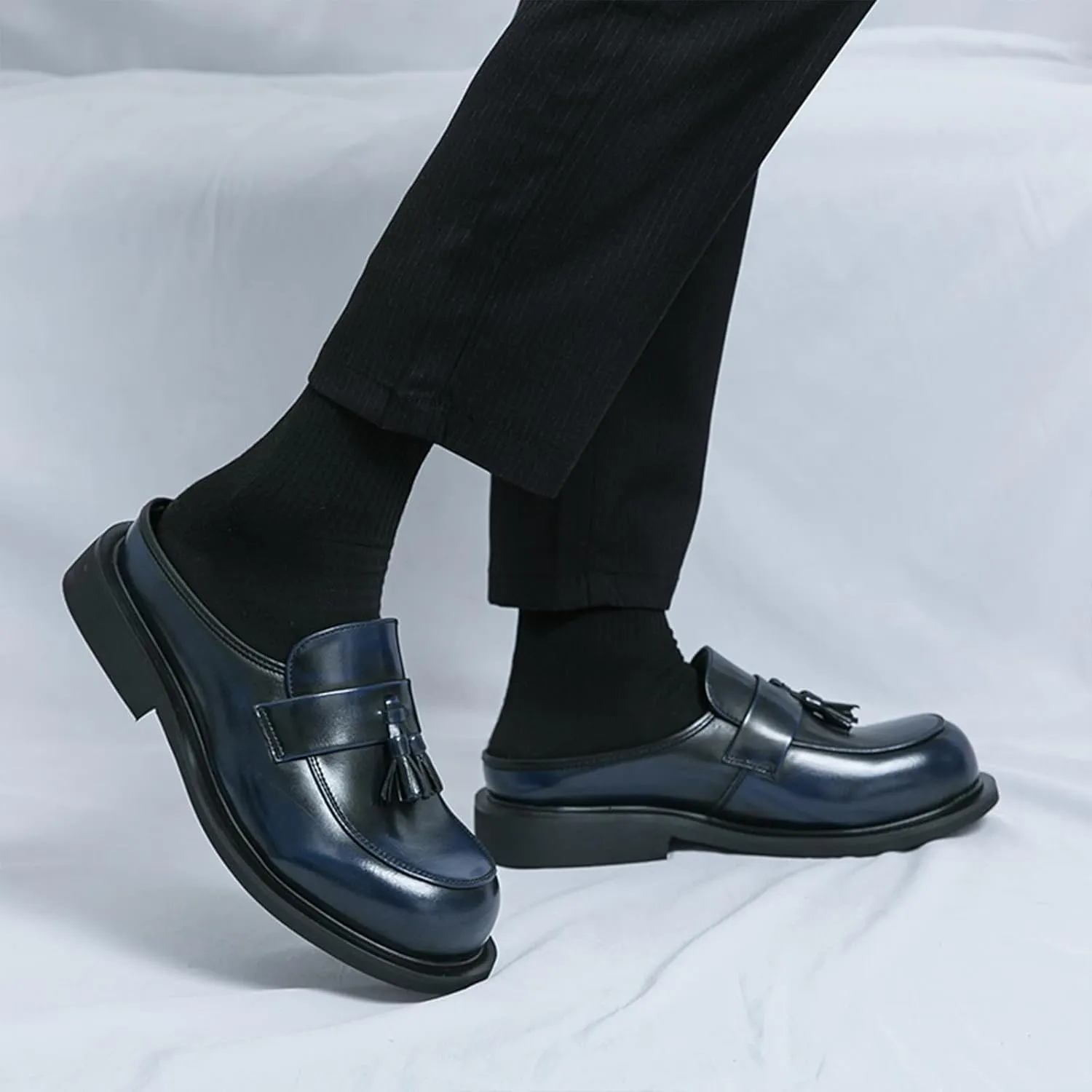 Men's Leather Tassel Chunky Low Heel Dress Mules Retro Fashion Round Wide Toe Comfor Slip On Slingback Platform Casual Loafers Summer Casual Closed Toe Slippers