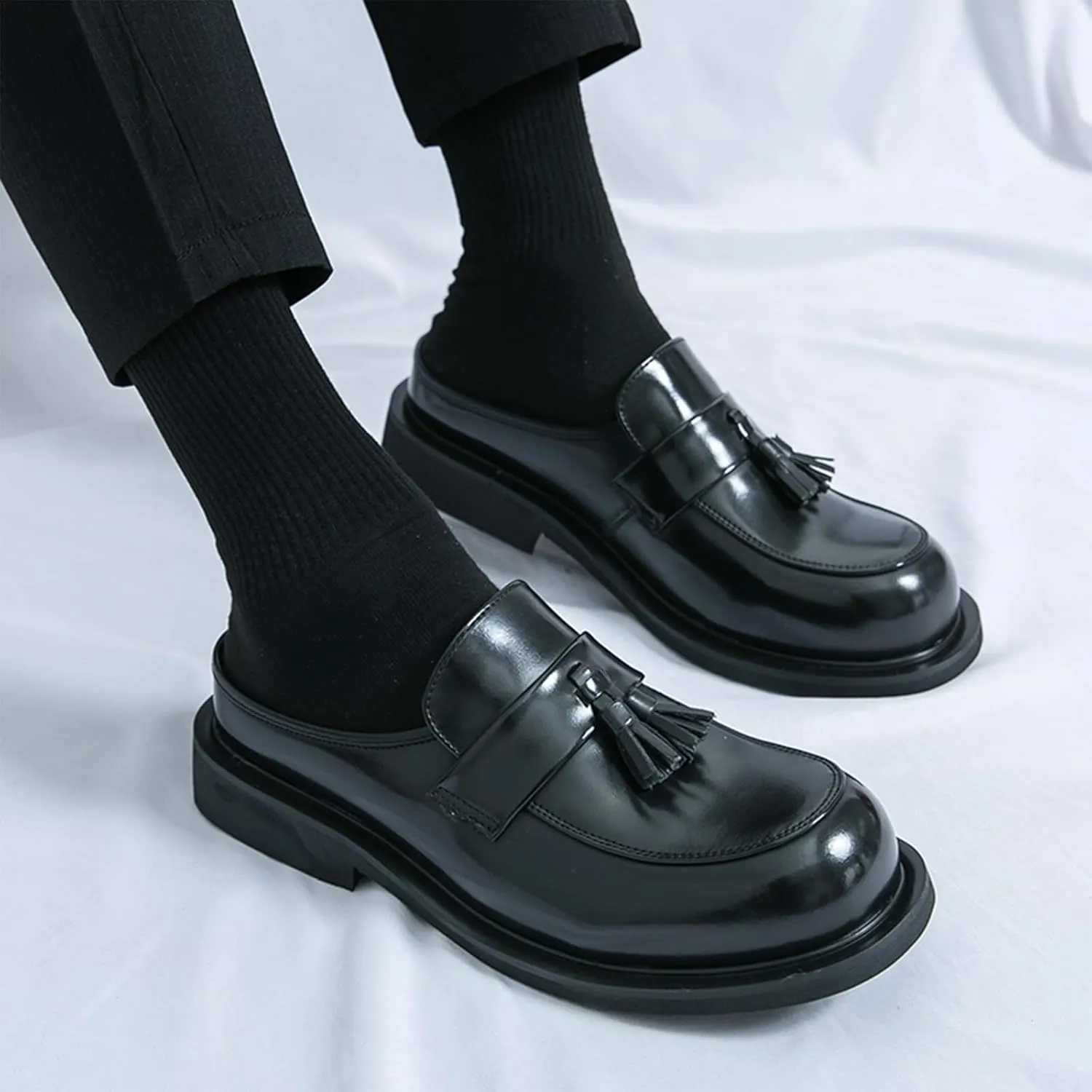 Men's Leather Tassel Chunky Low Heel Dress Mules Retro Fashion Round Wide Toe Comfor Slip On Slingback Platform Casual Loafers Summer Casual Closed Toe Slippers