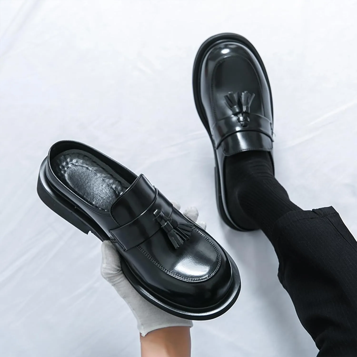 Men's Leather Tassel Chunky Low Heel Dress Mules Retro Fashion Round Wide Toe Comfor Slip On Slingback Platform Casual Loafers Summer Casual Closed Toe Slippers