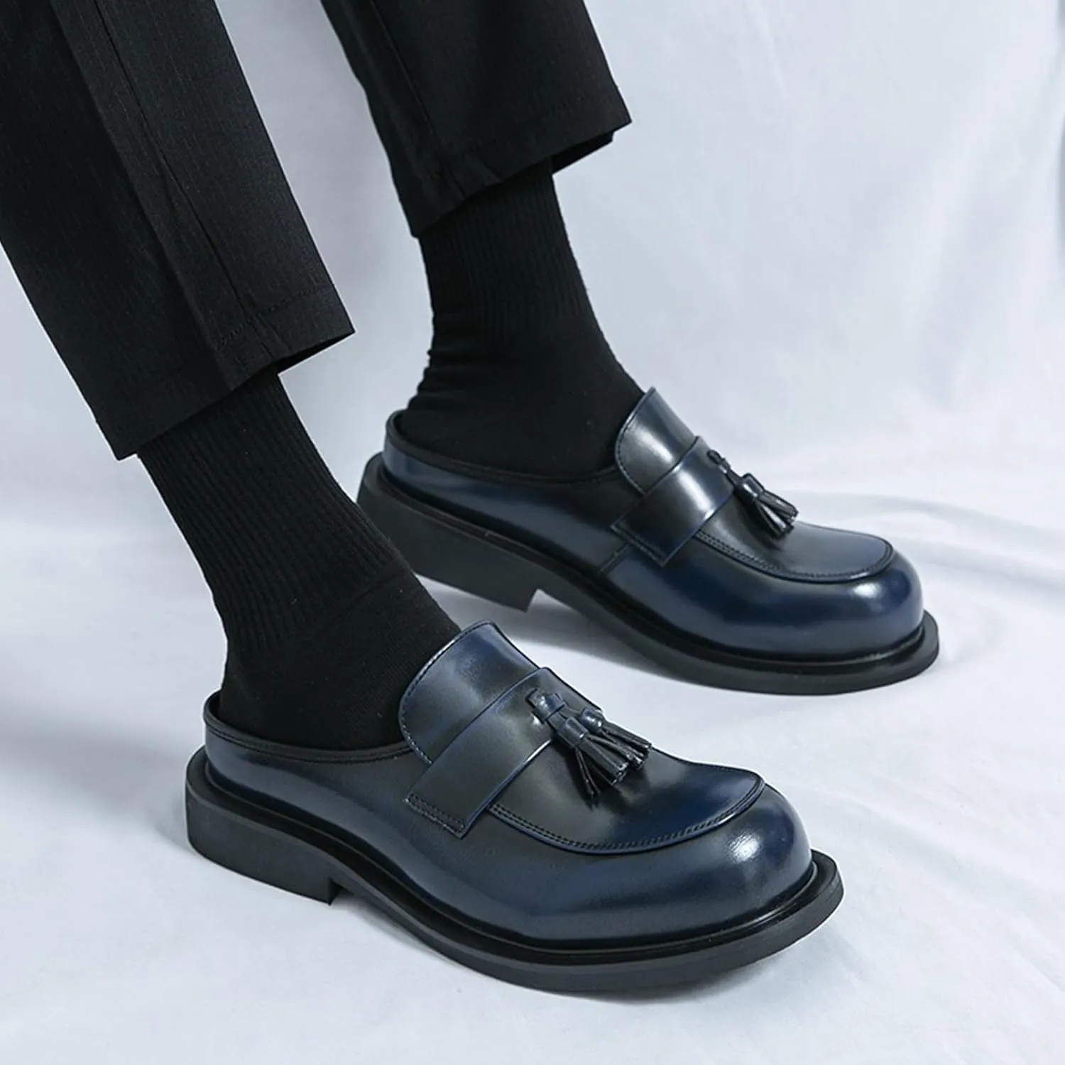 Men's Leather Tassel Round Wide Toe Flat Mules Clogs Fashion Comfortable Breathable Closed Toe Slip-On Slingback Half Dress Loafers for Indoor Outdoor Party Walking Work Slippers