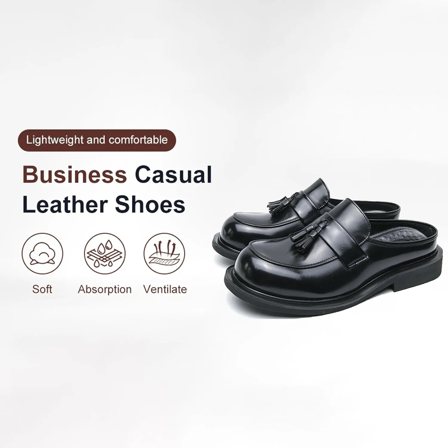 Men's Leather Tassel Round Wide Toe Flat Mules Clogs Fashion Comfortable Breathable Closed Toe Slip-On Slingback Half Dress Loafers for Indoor Outdoor Party Walking Work Slippers
