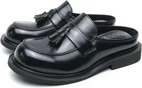 Men's Leather Tassel Round Wide Toe Flat Mules Clogs Fashion Comfortable Breathable Closed Toe Slip-On Slingback Half Dress Loafers for Indoor Outdoor Party Walking Work Slippers