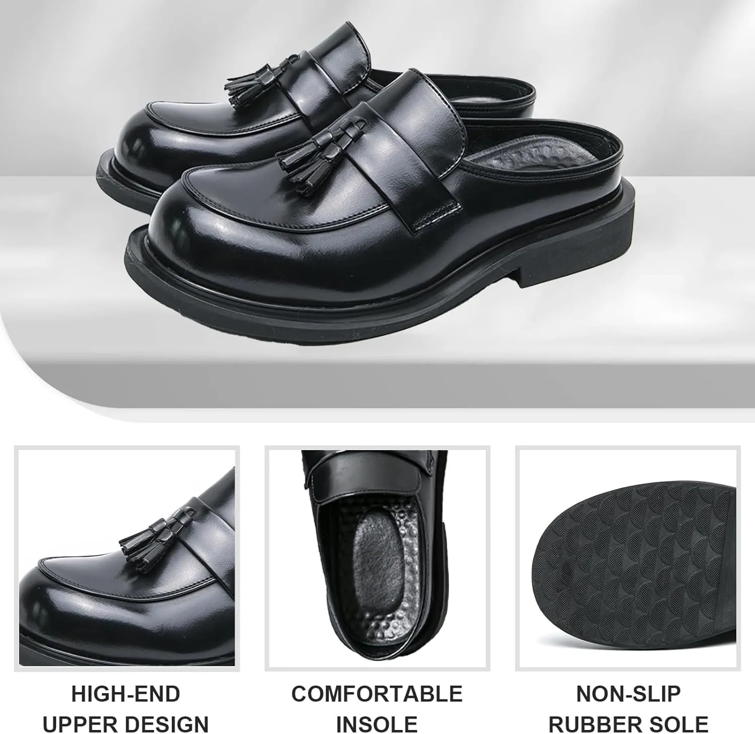 Men's Leather Tassel Round Wide Toe Flat Mules Clogs Fashion Comfortable Breathable Closed Toe Slip-On Slingback Half Dress Loafers for Indoor Outdoor Party Walking Work Slippers