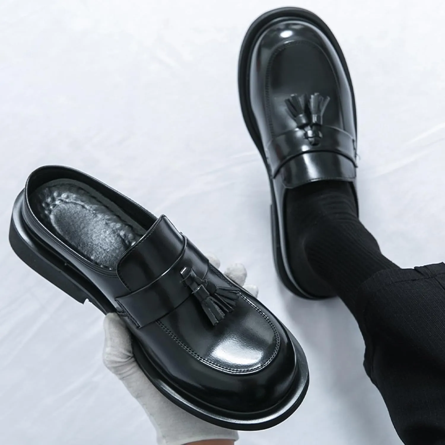 Men's Leather Tassel Round Wide Toe Flat Mules Clogs Fashion Comfortable Breathable Closed Toe Slip-On Slingback Half Dress Loafers for Indoor Outdoor Party Walking Work Slippers