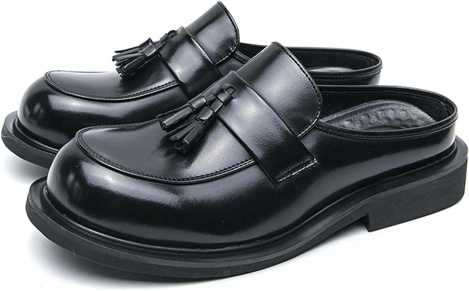 Men's Leather Tassel Round Wide Toe Flat Mules Clogs Fashion Comfortable Breathable Closed Toe Slip-On Slingback Half Dress Loafers for Indoor Outdoor Party Walking Work Slippers